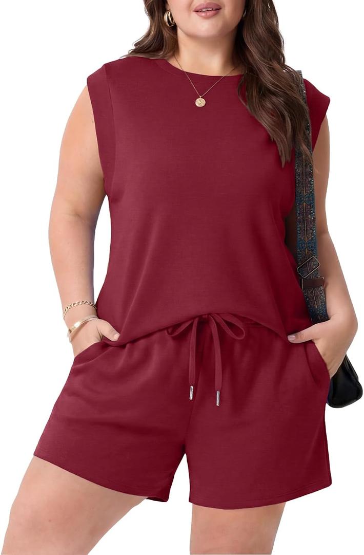 OLRIK Womens Plus Size Summer Sets Top and Shorts 2 Piece Sets with Pockets Casual Beach Vacation Outfits (Red, XXXL)