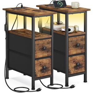 SONGMICS Side Table with LED Light, Narrow End Table with 2 Fabric Drawers, 2 Pack