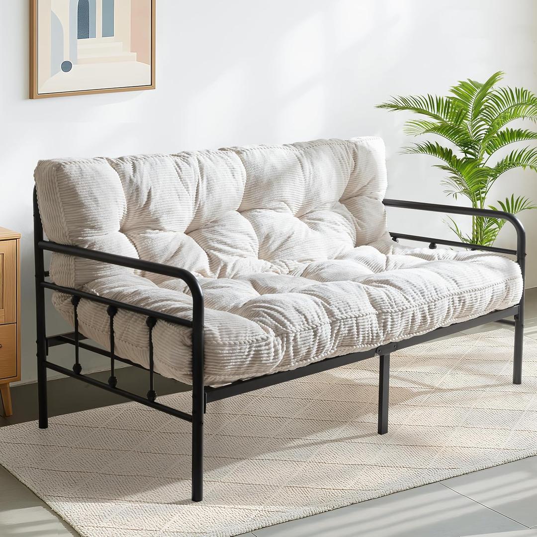 MAXYOYO 6" Futon Mattress Queen Size, Tufted Futons Sofa Couch Bed with Twisted Rope Design Edging, Thick Corded Fabric Floor Mattress for Adults, Shredded Foam Filling (Frame Not Included), Beige