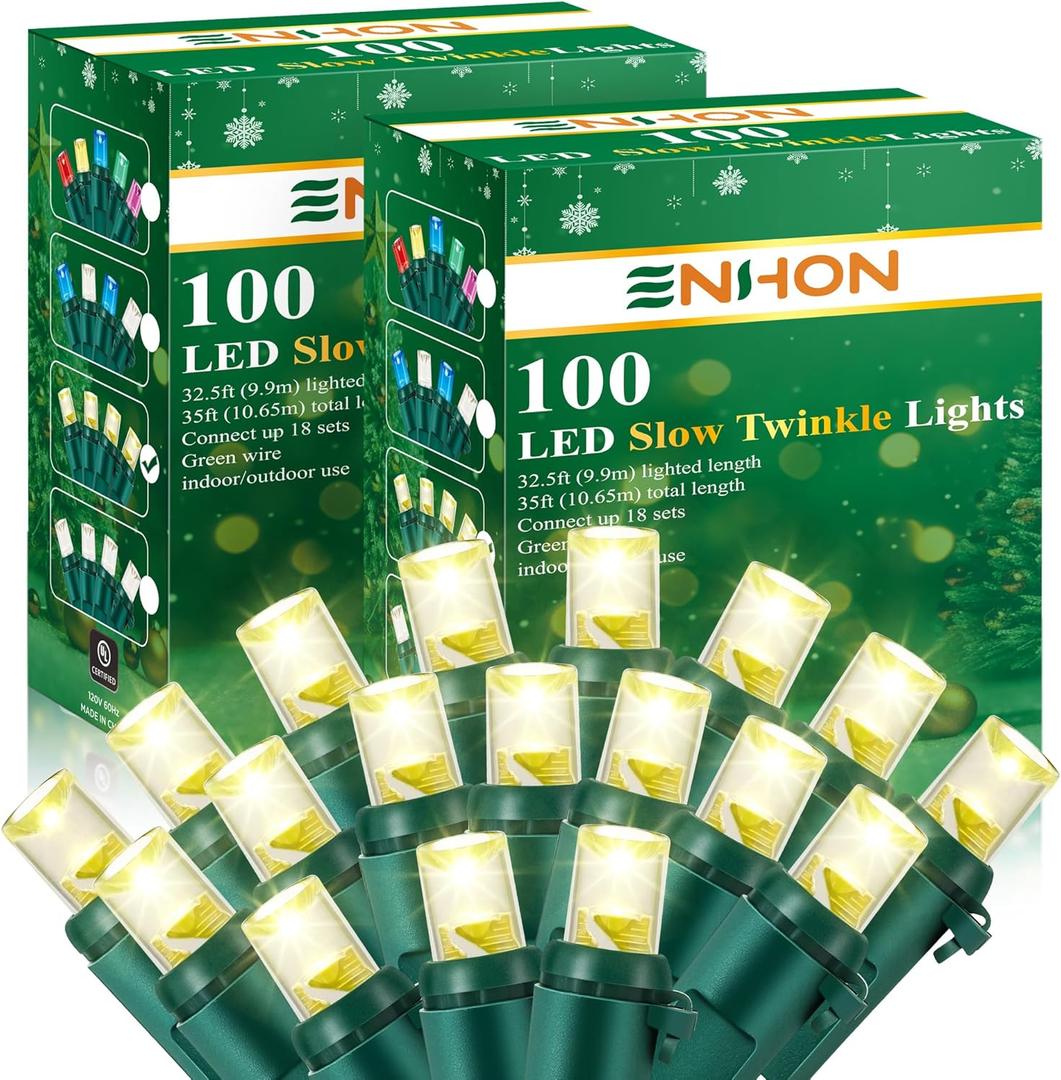 Enhon Slow Twinkling Christmas Light, 100 Lights 35 Ft Twinkle Pulsing Christmas, 5mm LED Wide Angle Soft Random Shimmering Set with Green Wire(Warm White,2 Pack)