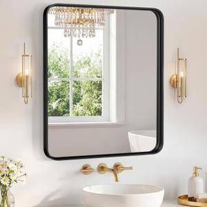 Sweetcrispy Bathroom Mirror 32x28 Inch, Vanity Mirror for Wall | Metal Framed Rounded Rectangle, Over Sink, Farmhouse, Restroom, Anti-Rust, Horizontal or Vertical Hanging, Black