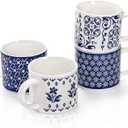 Eorbow 4 Pack Ceramic Coffee Mug Set with Rack, 16 OZ Stackable Cappuccino Cups with Metal Stand, Blue and White Porcelain Tea Mugs for Latte, Americano, Milk, Hot Cocoa, Beverages, Microwave Safe
