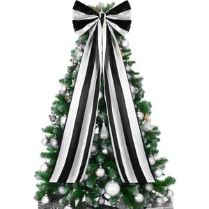 16 x 46 Inch Christmas Tree Topper Extra Large Black and White Striped Christmas Bow Giant Coquette Bow Gift Decor for Xmas Tree Wreath Wall Birthday Wedding Holiday Party Decorations