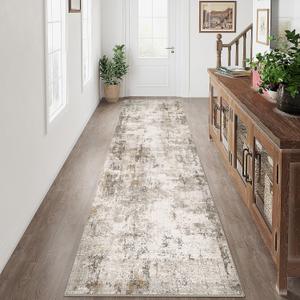 3x10 Washable Runner Rug Brown Grey Abstract Non Slip Soft Low Pile Hallway Kitchen Rug Neutral Modern Carpet for Laundry Bathroom Bedroom Living Room Home Decor
