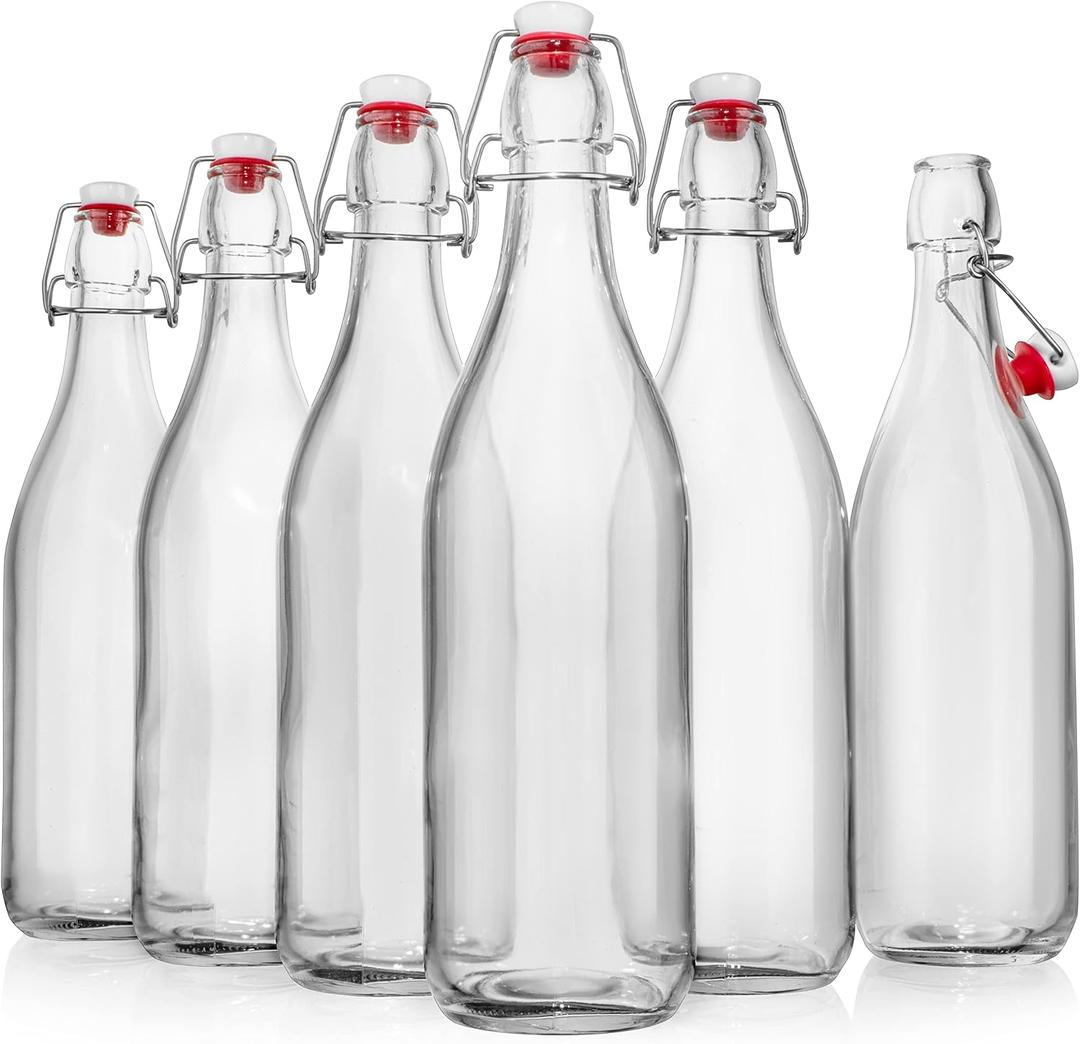 Swing Top Glass Bottles [1 Liter / 33 fl. oz.] [Pack of 6]  Flip Top Coquito Bottles for Kombucha, Fermentation, Beer, Kefir, Wine  Airtight Stopper Lids with Extra Gaskets, Funnel, Labels & More