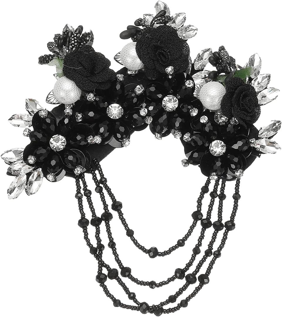 PATIKIL Flower Rhinestone Appliques for Dresses, 3D Black Rhinestone Applique Embellishments Handmade 7 Flowers Crystal Sequin Sewing Patches for Wedding