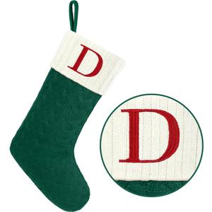 Christmas Stockings with Initials,20 Inches Large Knit Embroidered Letter Green White Christmas Stocking,Monogram Christmas Stocking for Famliy Holiday and Xmas Tree Fireplace (Letter D)