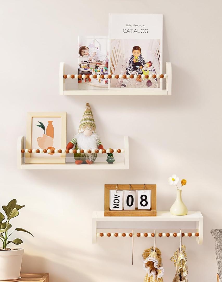 ROBUD Nursery Book Shelves, Wooden Kids Bookshelf Wall Set of 3, White Floating Shelves for DIY, Nursery Shelves for Wall with Stop, Book Shelf for Kids Rooms, Living Room, WF005