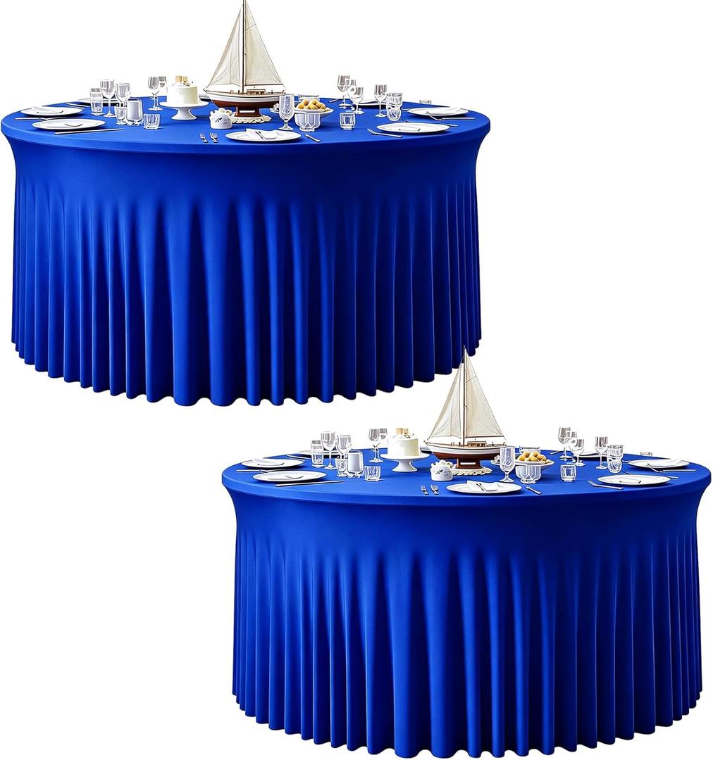 2 Pack 132inch Royal Blue Round Tablecloth, Circle Stretch Table Cloths for 6 FT Tables, Round Royal Blue Table Skirt for Wedding Birthday Photography Party Social Events Engagement Party Decorations