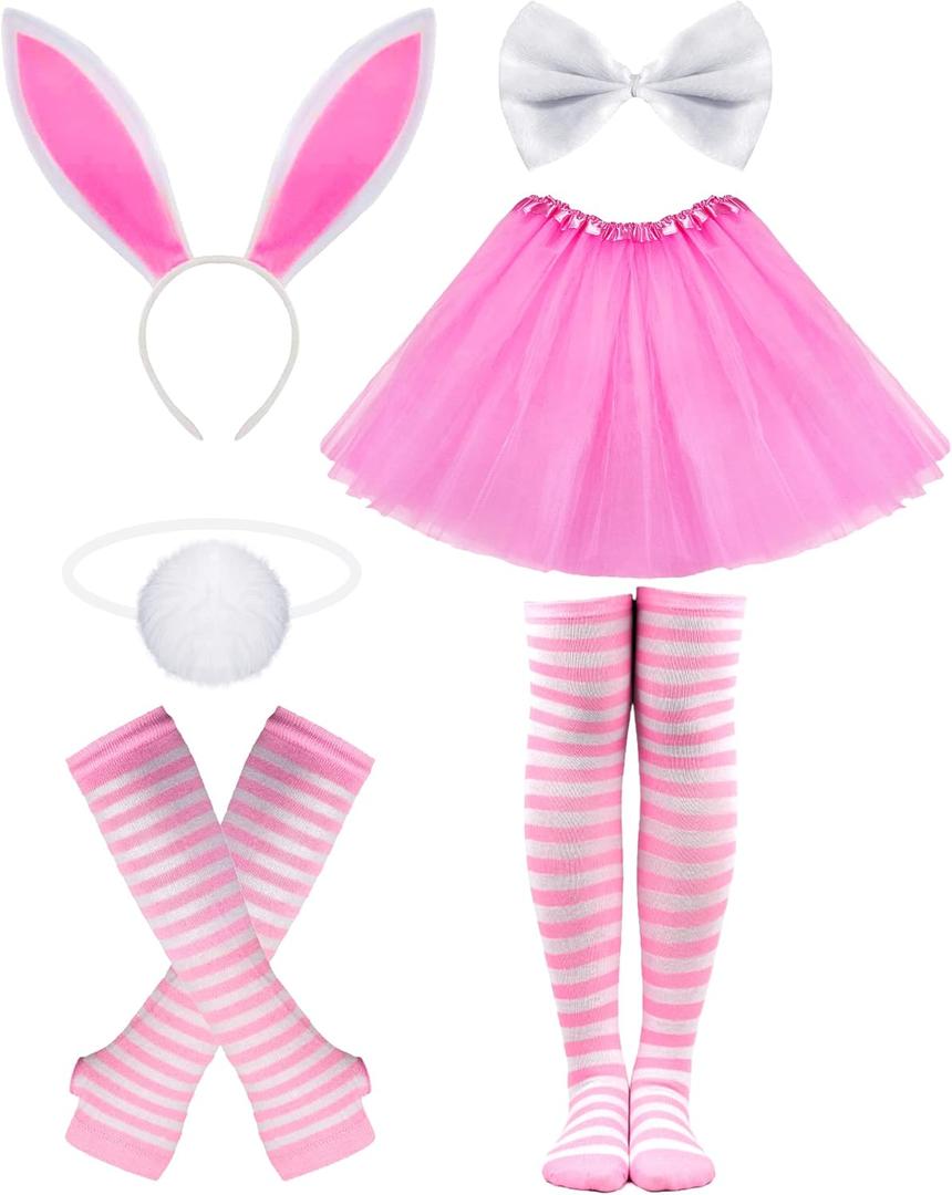 Dolkoic Easter Bunny Headband Costume Accessory Set with Bowtie Tail and Tutu Skrit,Cute Bunny Cosplay for Women Girls Halloween Easter Dress Up Party Supplies