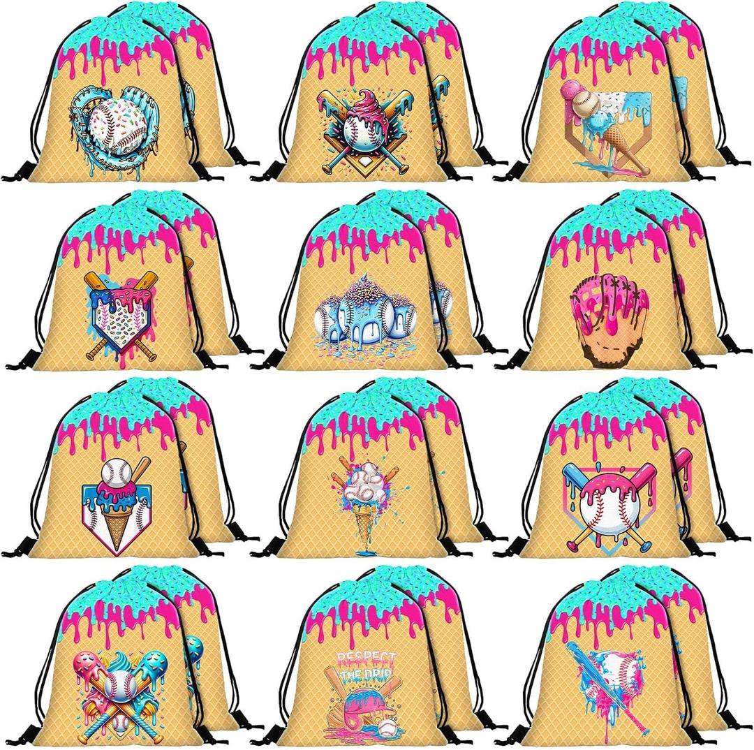 Woanger 24 Pcs Ice Cream Drip Baseball Drawstring Bags Bulk 11.81x9.84 Inch Sport Party Favor Backpacks Baseball Gift Bags Waterproof Lightweight String Cinch Backpacks for Travel Sport Camp Party (Pink, Blue and White)