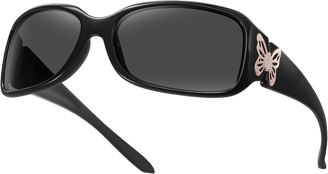 HAOLOTA Women's Polarized Sunglasses - Fashionable Wraparound Butterfly Design with UV400 Protection (A03 Black Frame/Grey Lens)