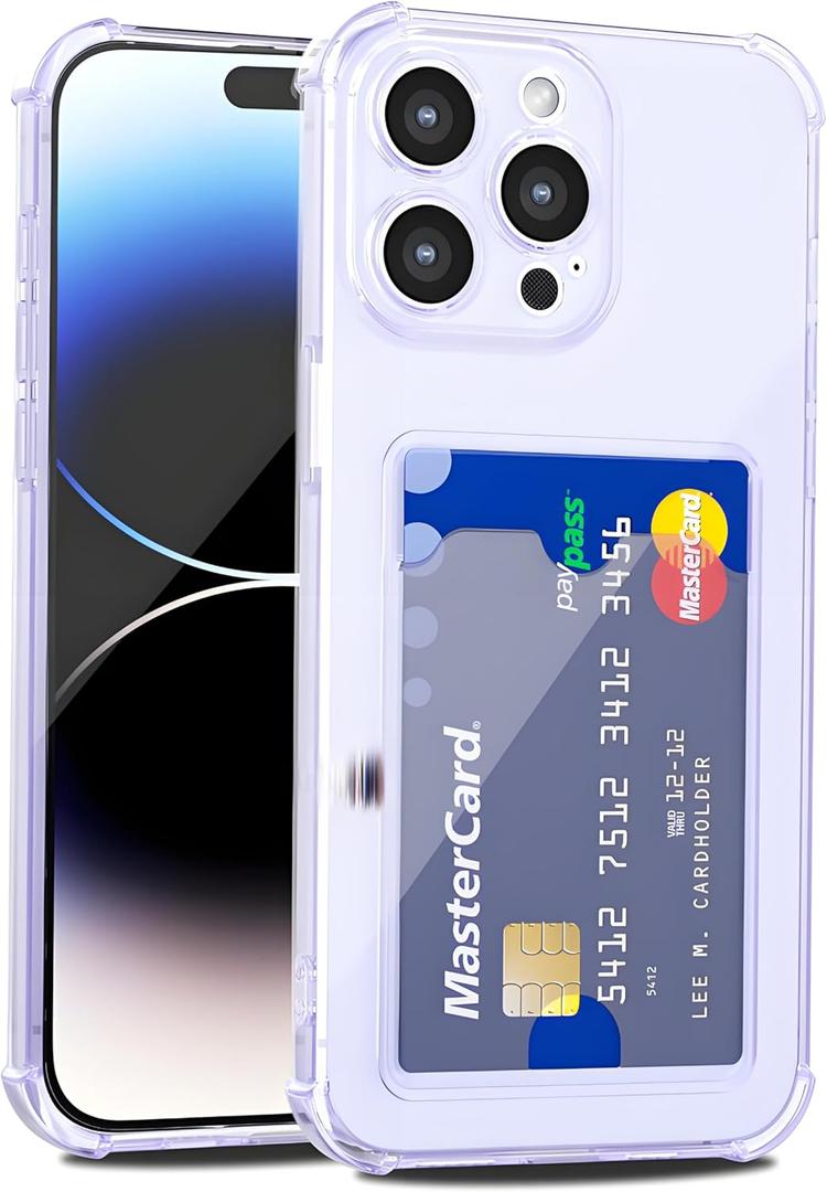 for iPhone 14 Pro Case Wallet, Purse for Women Men Thin Slim Clear Phone Case with Card Holder Credit Card Slot, Transparent Soft TPU Silicone Cover with Camera Cover Protection, Purple Lilac