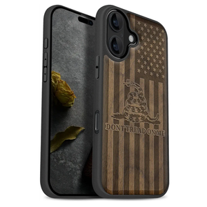 Carveit Magnetic Wooden Case for iPhone 17 Case, Wood Artisan Engraved & Black Soft TPU Shockproof Cover, Compatible with MagSafe Wireless Chargers (Gadsden and The American Flag) Walnut