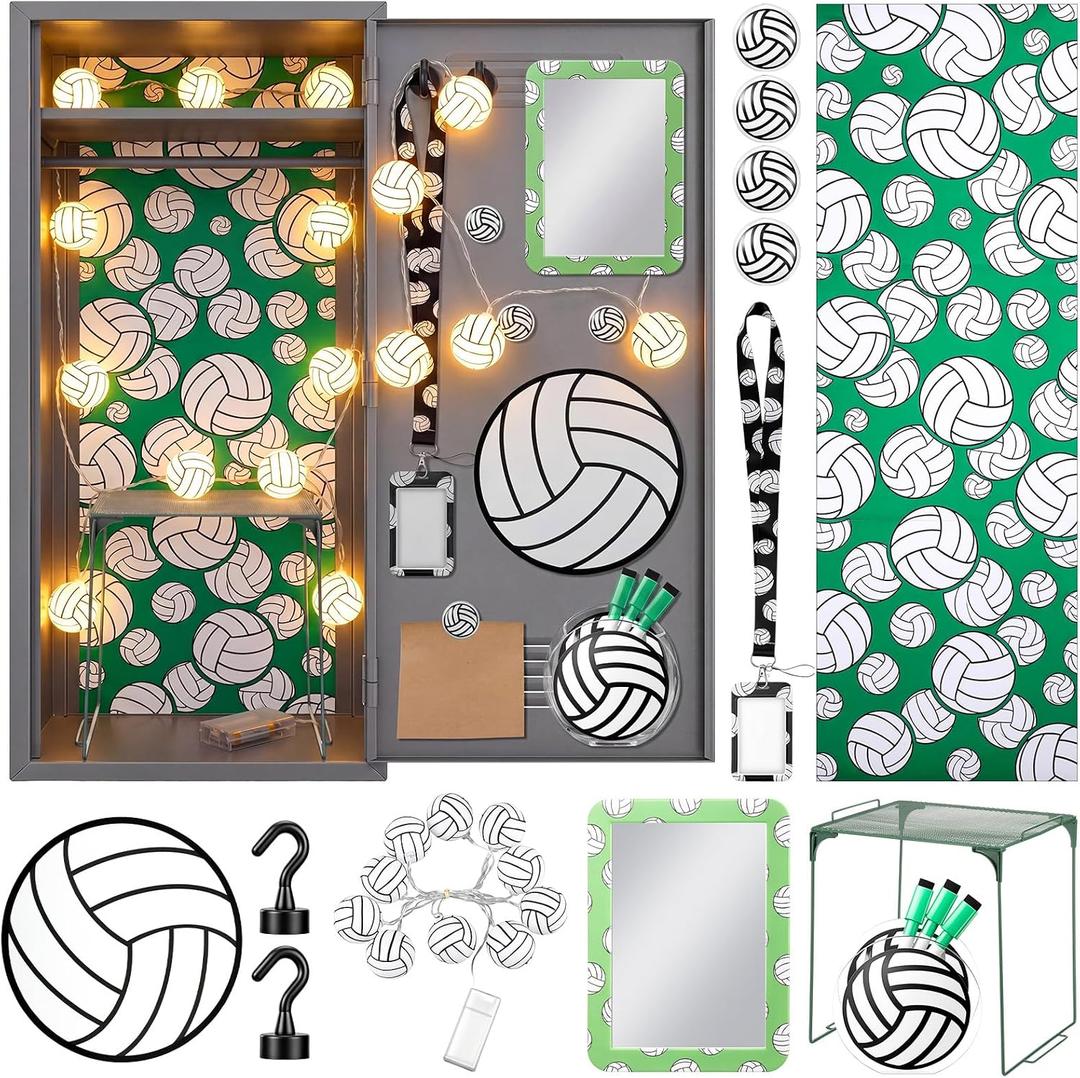 Crtiin 19 Pcs Locker Accessories, Volleyball Locker Organizer Decoration with Shelf, Wallpaper, Mirror, Whiteboard, Pen Holder, Dry Erase Markers, Magnets, String Light, Hook, Lanyard Card Holder