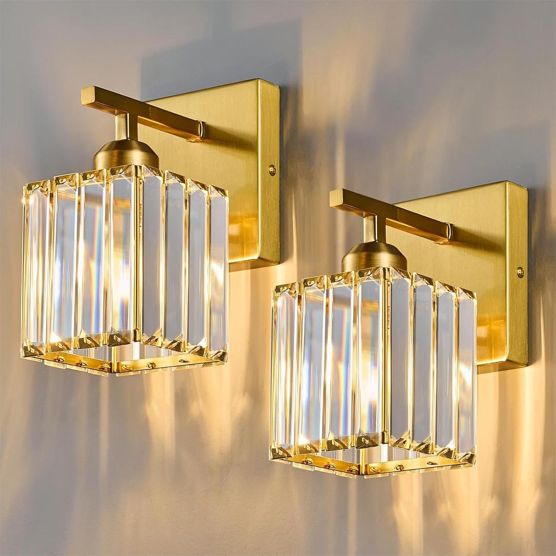 Wall Sconces Crystal Gold Wall Sconce Set of Two Indoor Wall Lamp Modern Wall Light Bathroom Vanity Light Fixtures Wall Lighting Wall Mounted Room Sconce (2-Pack)