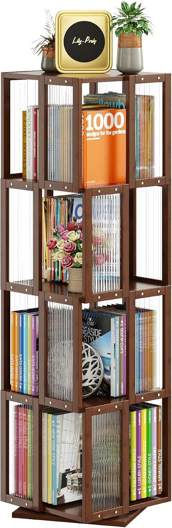 BAMEOS Rotating Bookshelf Tower 4 Tier, 360 Spinning Bookcase with Solid Wood Frame & Bamboo Finish, 4-Component Easy Assembly Corner Book Shelf for Small Spaces, Office, Bedroom, Living Room