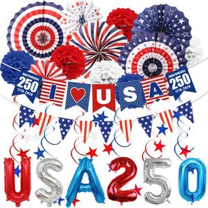 32PCS 4th of July Patriotic Decorations Set,250th Red White Blue Paper Fans Decorations Labor Memorial Day Decor for Indoor Outdoor Outside