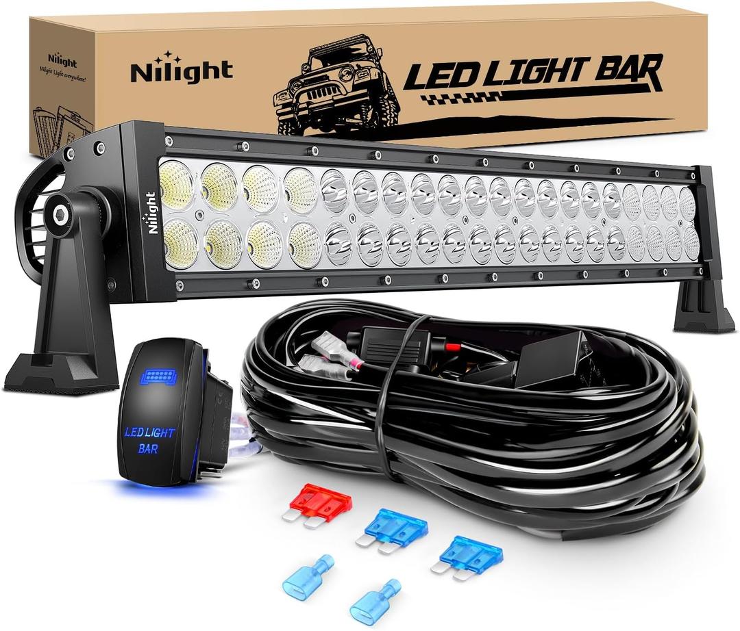 Nilight 22Inch 120W Spot Flood Combo Led Light Bar Off Road Driving Lights Boat Lights Fog Light 12V On/Off 5 Pin Rocker Switch Power 16AWG Wiring Harness Kit-1 Lead for Trucks
