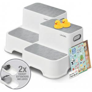 UNCLE WU 2-Pack Step Stool for Kids & Adults - Adjustable 2-Tier Foot Rest for Bathroom Sink, Potty Training & Kitchen - Heavy Duty 200lbs, Non-Slip Stool for Healthy Squat Posture (Grey) (Gray White)