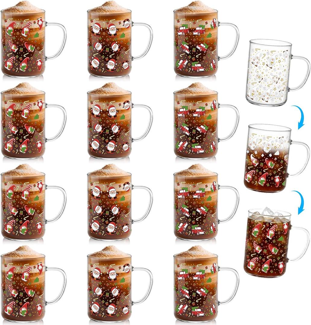 Baderke 12 Set Christmas Glass Mugs Gifts - 16oz Color Changing, Winter Xmas Coffee Mugs with Handle, Christmas Gifts for Coworker, Santa Claus Gnome Holiday Iced Coffee Cups for Women Team Teacher