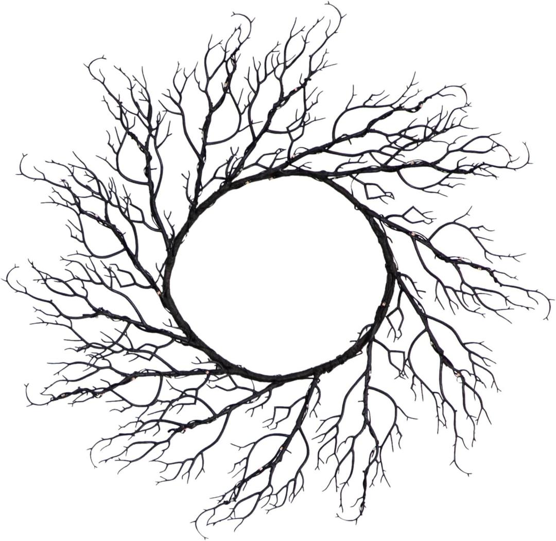 Nearly Natural 23" Pre-Lit Black Twig Halloween Wreath with 60 LED Lights