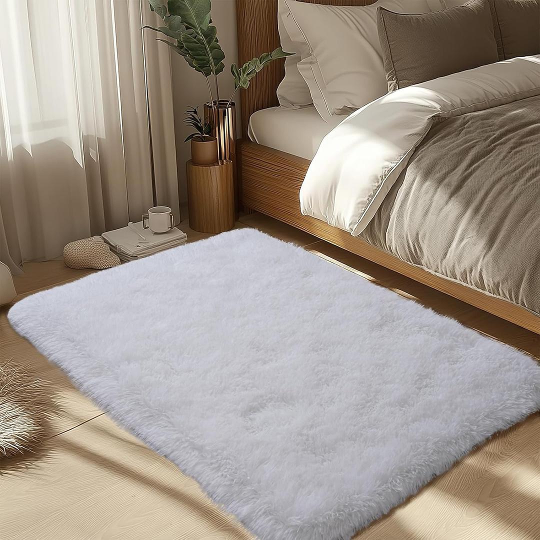Zentavio Area Rugs for Living Room Small Carpet for Bedroom 3x5 Bedside Washable Soft Fluffy Shag Aesthetic Plush High Pile Throw Rug for Nursery Kids Room Dorm Room White