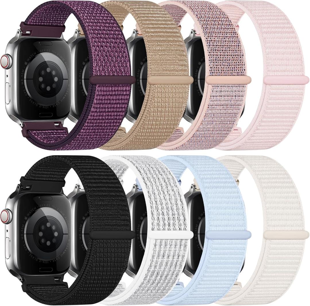 8 Pack Nylon Sport Loop Band Compatible with Apple Watch Band 38mm 40mm 41mm 42mm  Soft Breathable Replacement Straps for iWatch Series 11 10 Women Men (Black + Milk Tea + Plum + Pearl Pink + Pink Sand + Reflective White + Sky Blue Cloud + Starlight)
