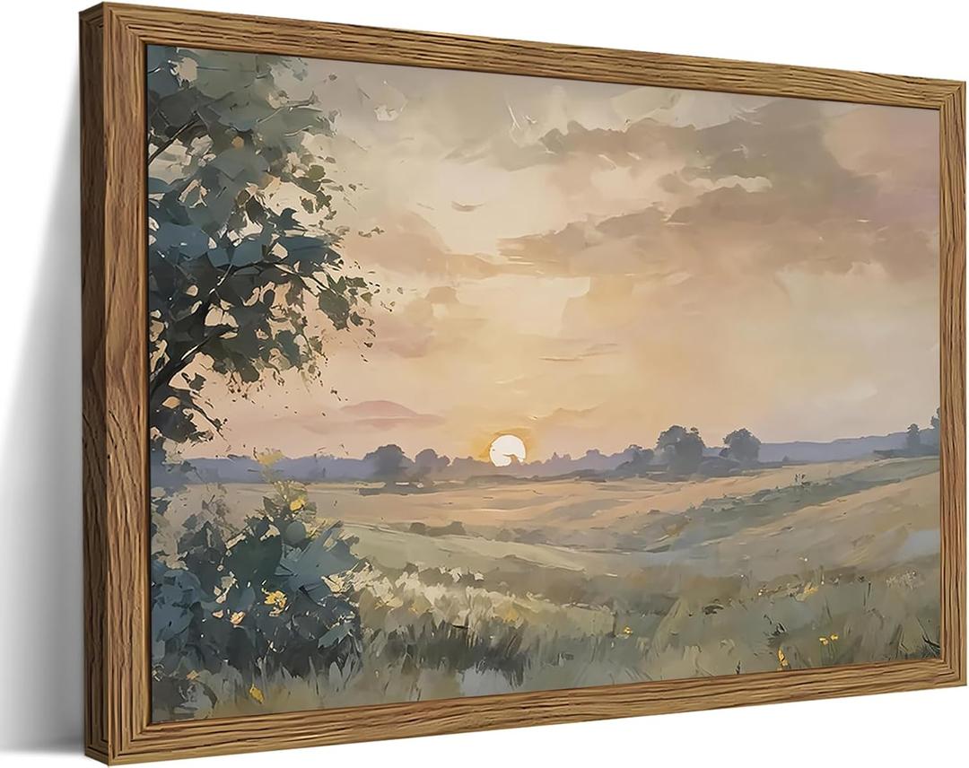 Wood Framed Vintage Wall Art, Fall Nature Sunset Landscape Canvas Wall Decor, Retro Country Farmhouse Prints Artwork Pictures Paintings for Living Room Bedroom Home Decor 12x16 Inch