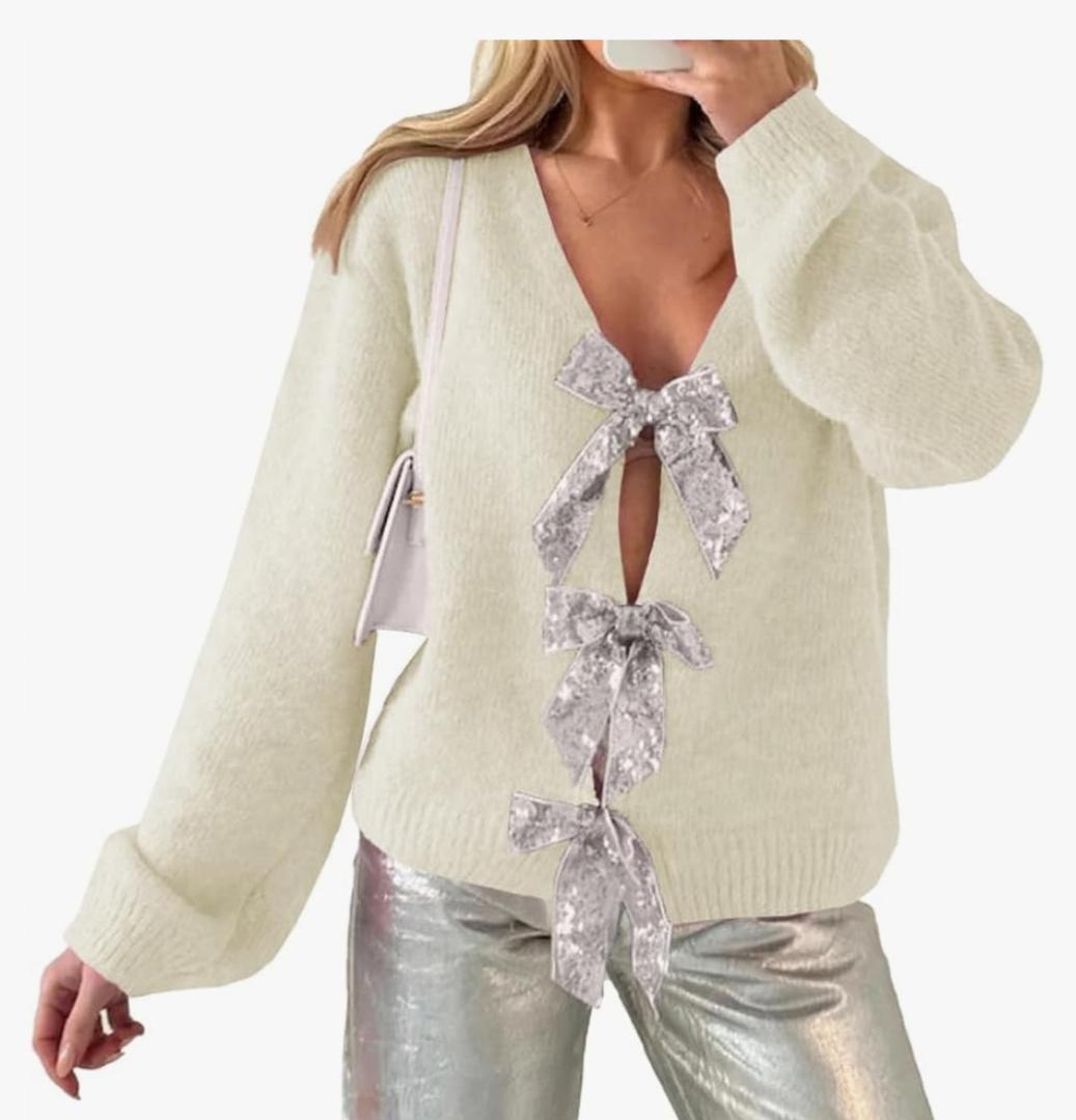 Womens Bow Sweater Cardigan Trendy Button Down Open Front Sweaters Sexy Knit Fall Coats M