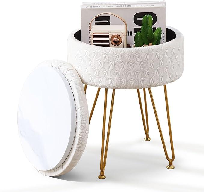 Wimarsbon Ottoman Footstools Round Velvet Footrest Stool with Storage Space Soft Vanity Chair with Memory Foam Seat Small Side Table Step Stool 4 Gold Metal Legs with Adjustable Footings Cream, Pack of 2