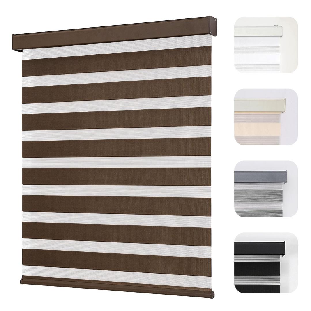 Joydeco Cordless Zebra Blinds for Windows, Dual Layer Light Control Window Blinds with Light-Proof Aluminum Cover, Free-Stop Roller Shades for Home & Office (Coffee,52" W x 75" H)
