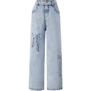 WDIRARA Girl's Bowknot Print Washed Jean Elastic Waist Denim Pants Straight Leg Trousers with Pockets Light Blue 7Y