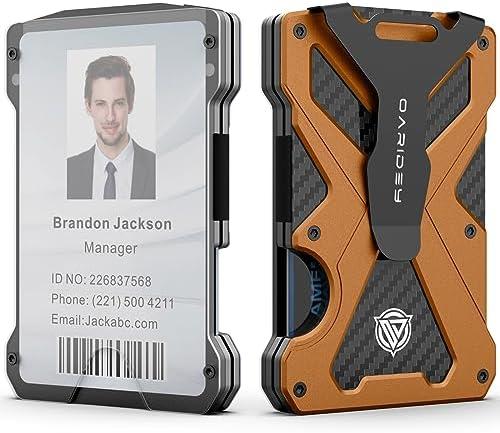 Minimalist Wallet for Men- Slim Aluminum Metal Money Clip Wallet with Clear ID Card Holder, Carbon Fiber Wallet, RFID Blocking,Holds up 15 Cards with Cash Clip,Ultra-Thin Tactical Wallet- Orange