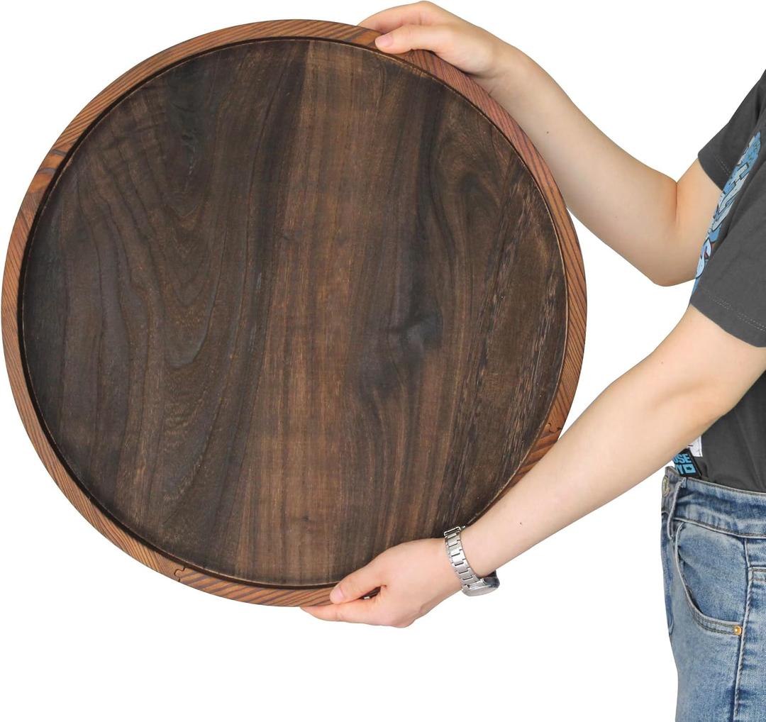 Extra Large Round Ottoman Table Tray Round-20 - Rustic Wooden Serving Tray for Farmhouse Decorative Oversized Coffee Table Trays Living Room Kitchen Counter Breakfast Brown
