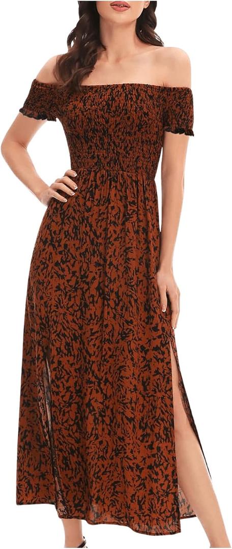 Floerns Women's Boho Floral Print Off Shoulder Split Long A Line Dress L 