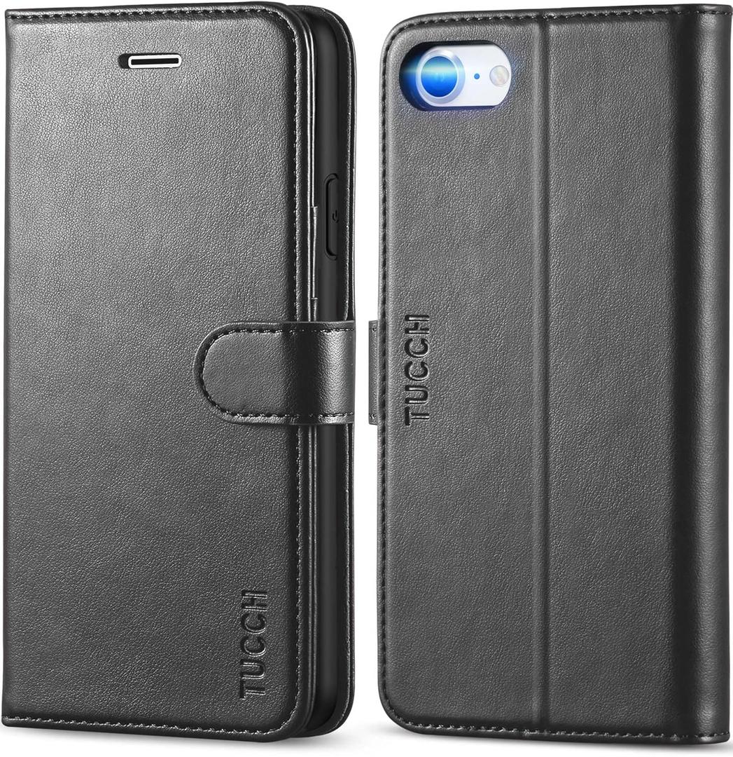 TUCCH Case Wallet for iPhone SE 2022/ iPhone 7/8/iPhone SE 2020, PU Leather 3 Card Slots Stand Magnetic Flip Folio Cover TPU Shockproof Inner Shell, Black