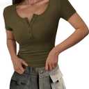 PRETTYGARDEN Womens 2026 Summer Short Sleeve Tops Ribbed Henley Button Slim Fit Basic Casual T Shirts Blouse Fashion Clothing (Large, Army Green)