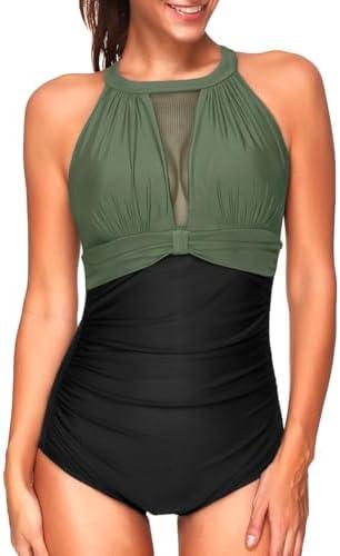 Tempt Me Women One Piece Swimsuit High Neck Plunge Ruched Tummy Control Bathing Suit XL