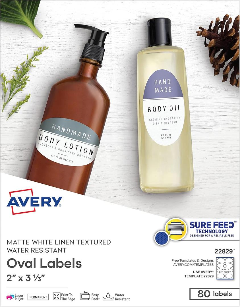 Avery Printable Blank Oval Labels, 2" x 3-1/3", Textured Matte White, 80 Customizable Labels (22829)