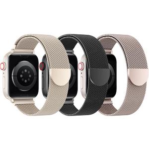 BELONGME 3 Pack Mesh Loop Compatible with Apple Watch Bands for Women Men 40mm 41mm 38mm 42mm 44mm 45mm 49mm 46mm Series 10 9 8 7 6 5 4 3 2 1 Ultra SE, Stainless Steel Metal Magnetic Strap for iWatch (Starlight+Black+Rose Gold)