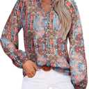 AGSEEM Womens Button Down Shirts Lantern Long Sleeve Boho Floral Print Chiffon Dressy Business Casual Blouses Tops 2026 (L)