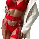 Sexy Lingerie Set For Women With Garter Belt 5 Pieces Strappy Bra and Panty Set Adjustable With Chain (Large, Red)