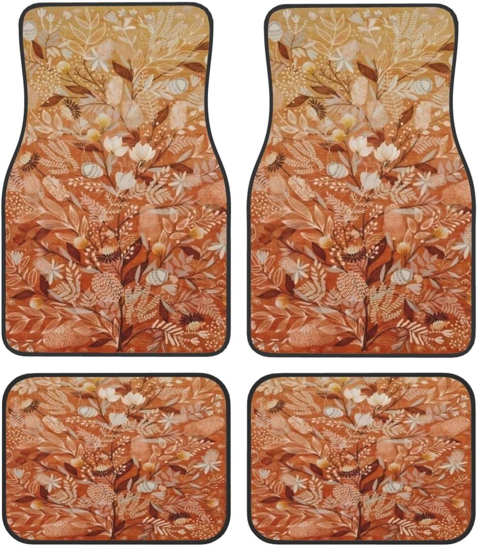 4-Piece Autumn-Hued Floral Car Floor Mats Universal Vehicle Front Rear Carpets for Truck SUV Van Sedans (Flower Plants)