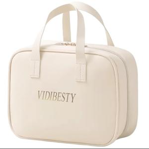 VIDIBESTY Travel Makeup Bag Skin-feel Leather, Large Capacity Cosmetic case for Women, Waterproof Portable Make up Organizer with Divider and Handle for Toiletries, Beauty Essentials (Beige)
