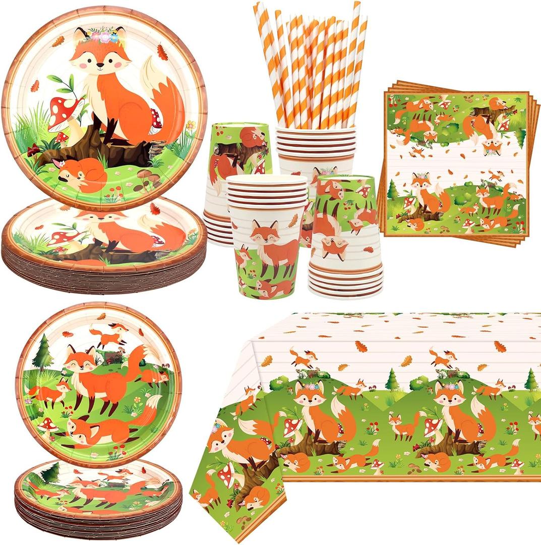 Fox Birthday Party Supplies, Includes Plates, Napkins, Cups, Straws, Tablecloths, for Girl Boy Fox Theme Baby Shower Birthday Party Decorations