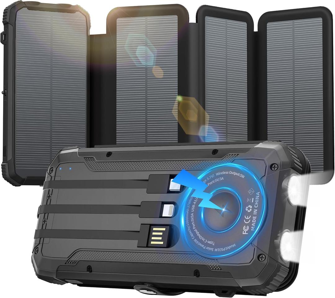 Solar Power Bank 20000mAh Portable Charger Built-in 3 Cables and Wireless Charging Battery Pack Compatible for iPhone, Samsung, IPX5 Waterproof, Bright Flashlight Perfect for Camping,Hiking,Outdoor (Black)