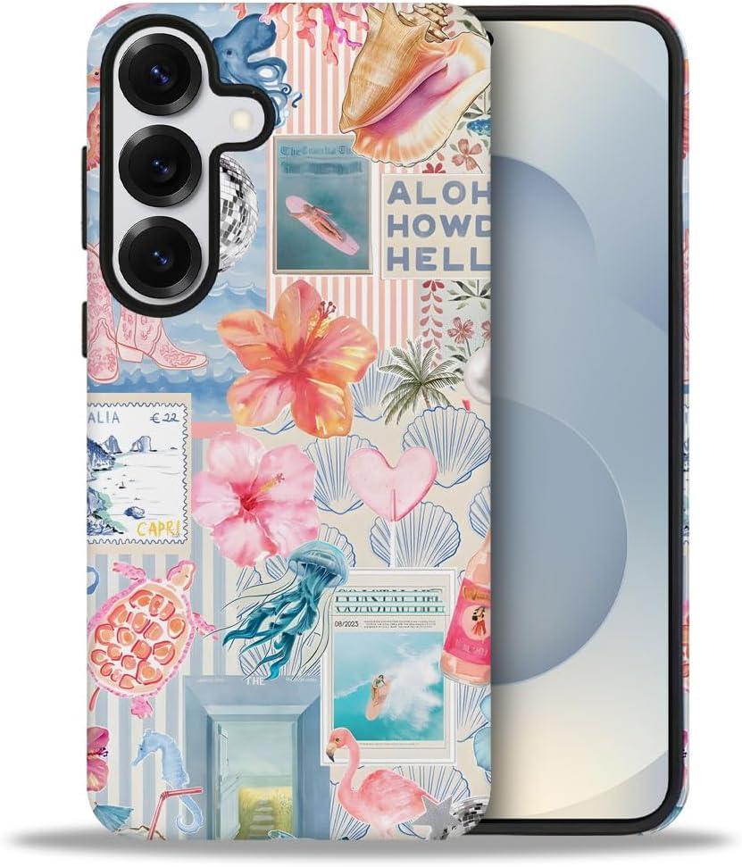 Compatible with Samsung Galaxy S25,Frosted Dual-Layer Protection with Phone Case Cover - Beachy Collage Aesthetic Turtles Floral