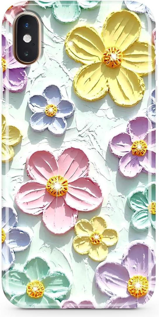 JIAXIUFEN Case for iPhone X iPhone Xs Sparkle Glitter Retro Oil Painting Printed Flower Design Slim Shockproof Protective TPU Soft Silicone Cover Phone Case Mint Colorful