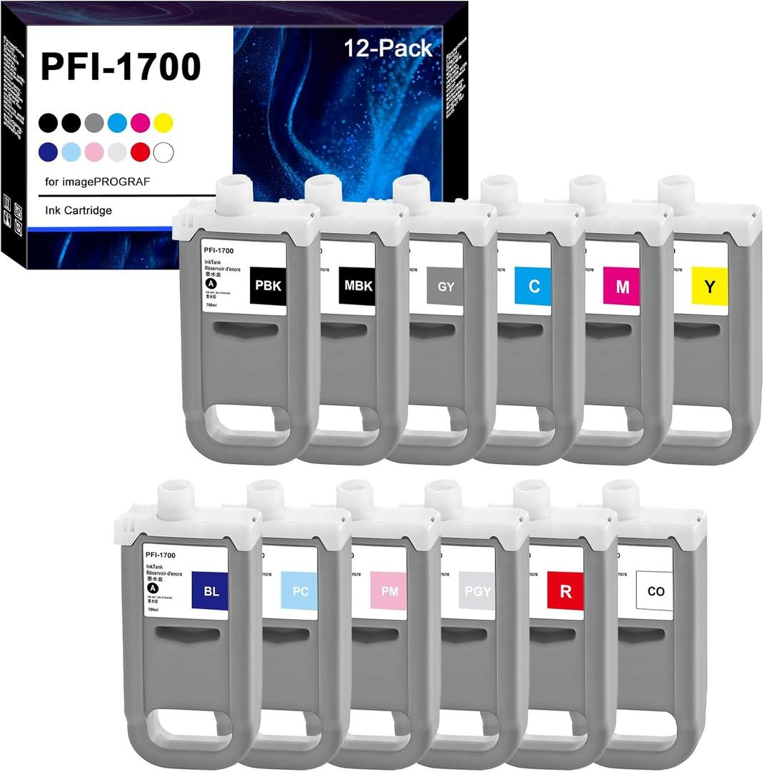 PFI-1700 Pigment Ink Cartridge Replacement for Canon imagePROGRAF Pro2000 2100 Pro 4000s 4100 6000s 6100 6100S 4100S Printer, 12-Pack (MBK, PBK, C, M, Y, R, GY, B, PGY, PC, PM, CO)